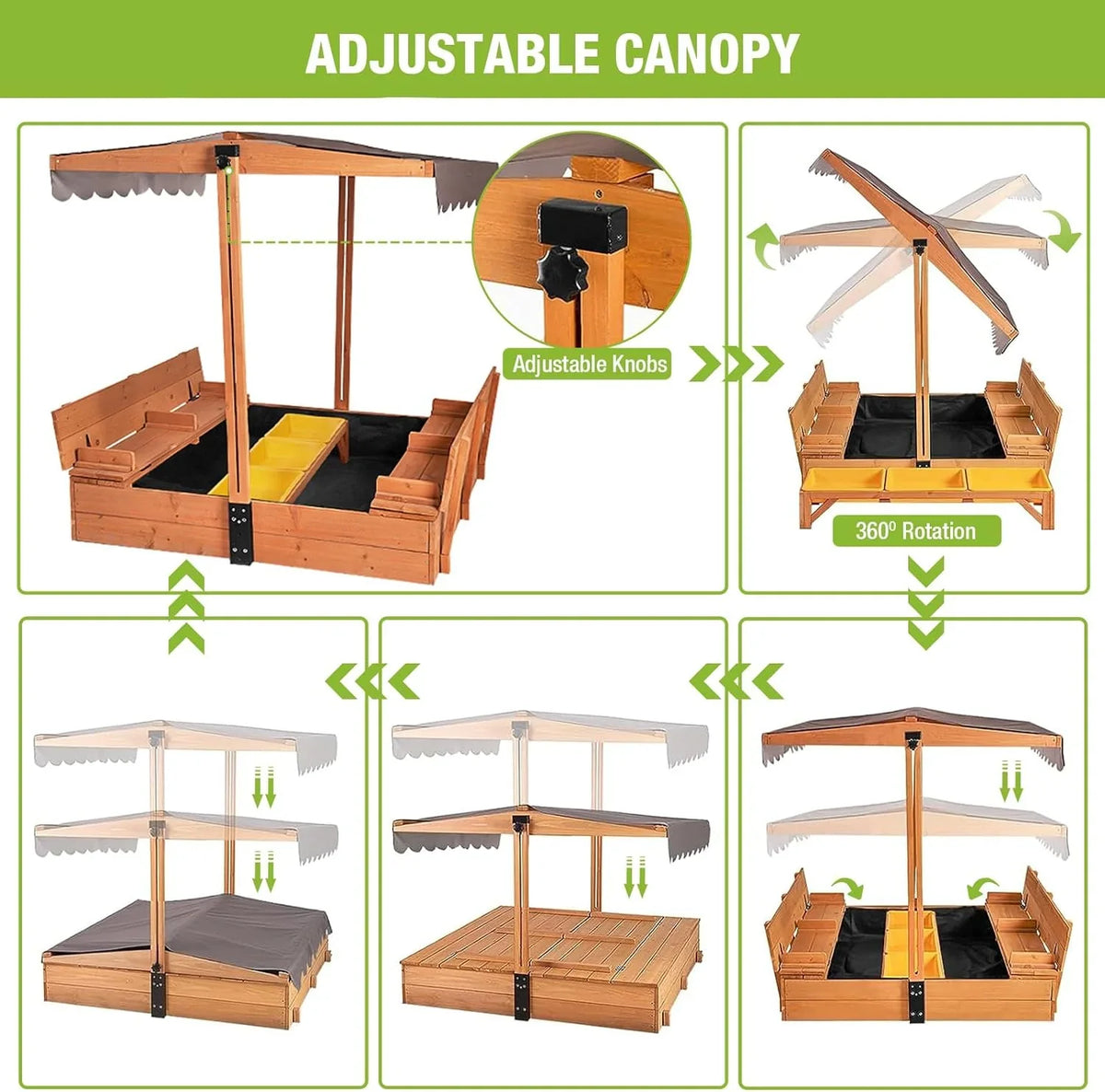 Kids Wooden Outdoor Sandbox With Retractable Canopy, 2 Foldable Bench Seats, 47 x 47 Inch