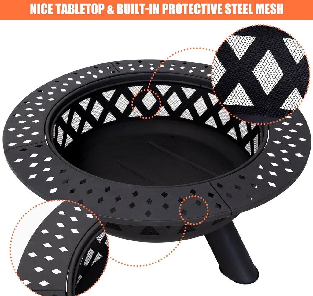 SUNCREAT 42” Patio Fire Pit Wood Burning with Mesh Spark Screen, Bonfire Outdoor firepit with Fireplace Poker, Black
