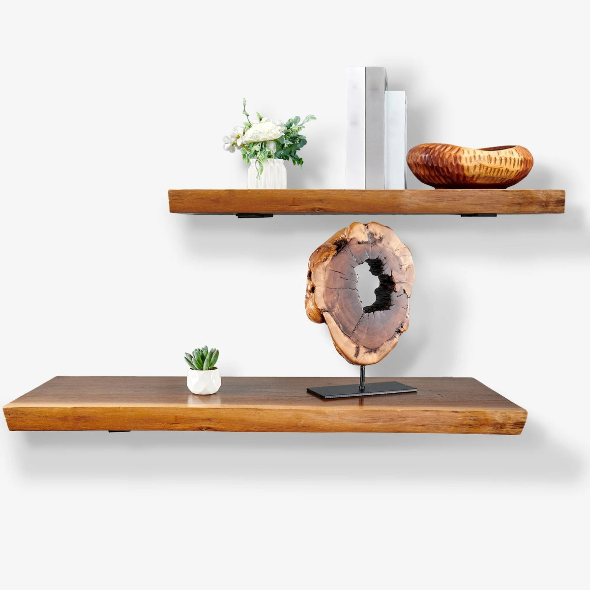1 Piece Teak Wood Live Edge Rustic Floating Wall Shelf - 24, 36, 42