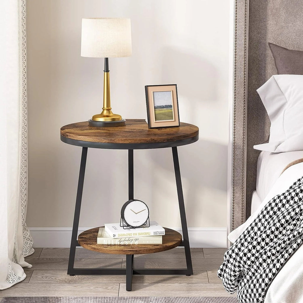 Industrial Round End Table With 2-Tier Storage