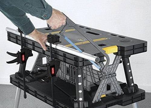 Keter ?C 197283 Folding Table Work Bench for Miter Saw Stand Woodworking Tools and Accessories with Included 12 Inch Wood Clamps ?C Easy Garage Storage Black/Yellow
