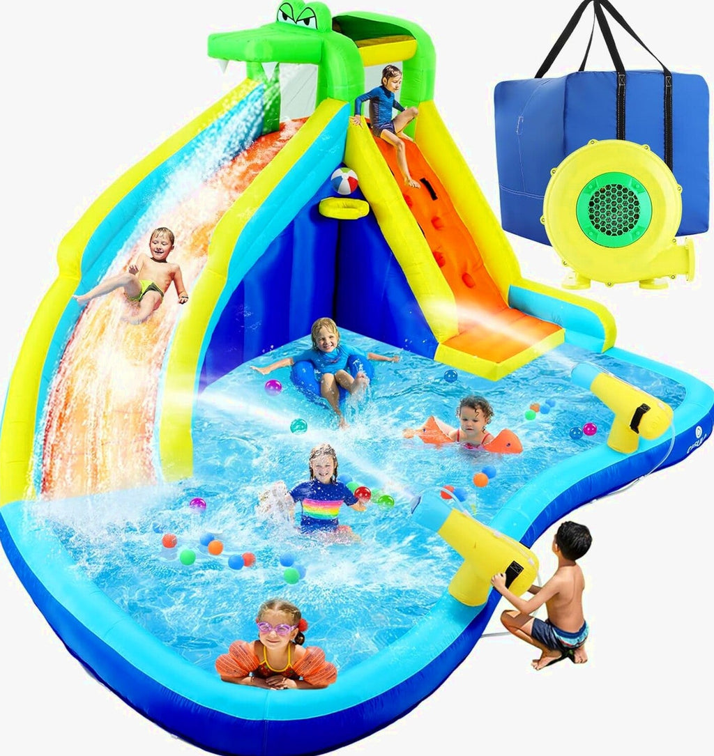 Inflatable Water Slides for Kids 8-in-1 Bounce House Water Park with 450W Blower Climbing Wall, Splash Pool, 2 Water Cannons, Basketball Hoop, Water Slide, Crocodile Sprinkler for Gift Backyard Party