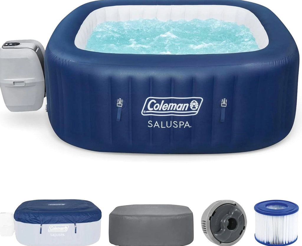 4 to 6 Person Inflatable Hot Tub Square Portable Outdoor Spa with 114 Soothing AirJets and Insulated Cover, Gray-Coleman