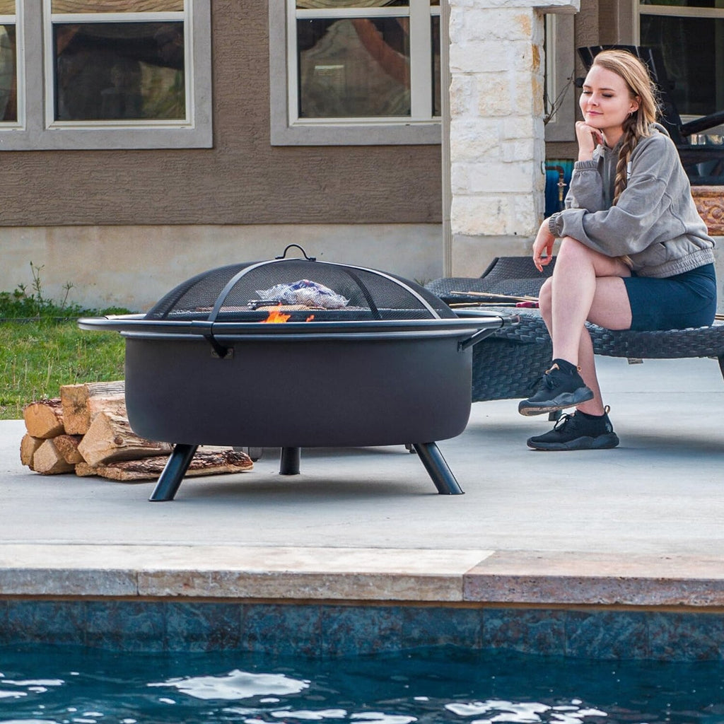 SUNCREAT 42” Patio Fire Pit Wood Burning with Mesh Spark Screen, Bonfire Outdoor firepit with Fireplace Poker, Black