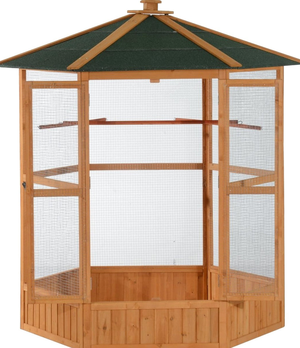 Large Wooden Hexagonal Outdoor Aviary Flight Bird Cage with Covered Roof