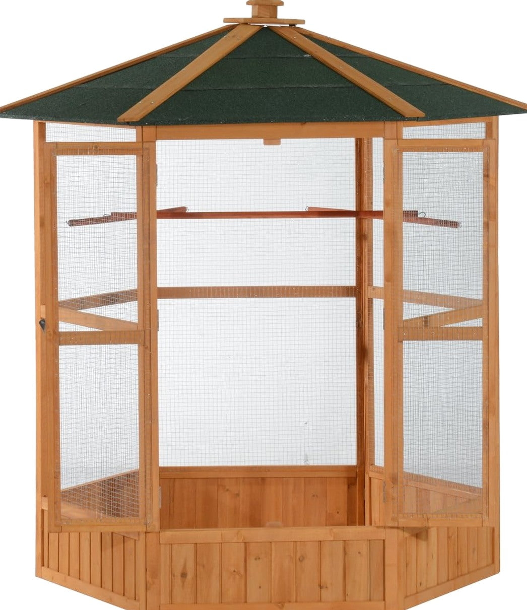 Large Wooden Hexagonal Outdoor Aviary Flight Bird Cage with Covered Roof