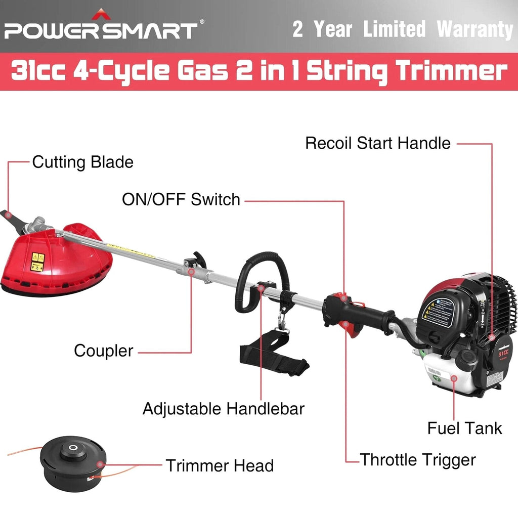 PowerSmart 4-Cycle 31cc 15lb Straight Shaft Gas String Trimmer Weed wacker and Brush Cutter for Lawns and Grass