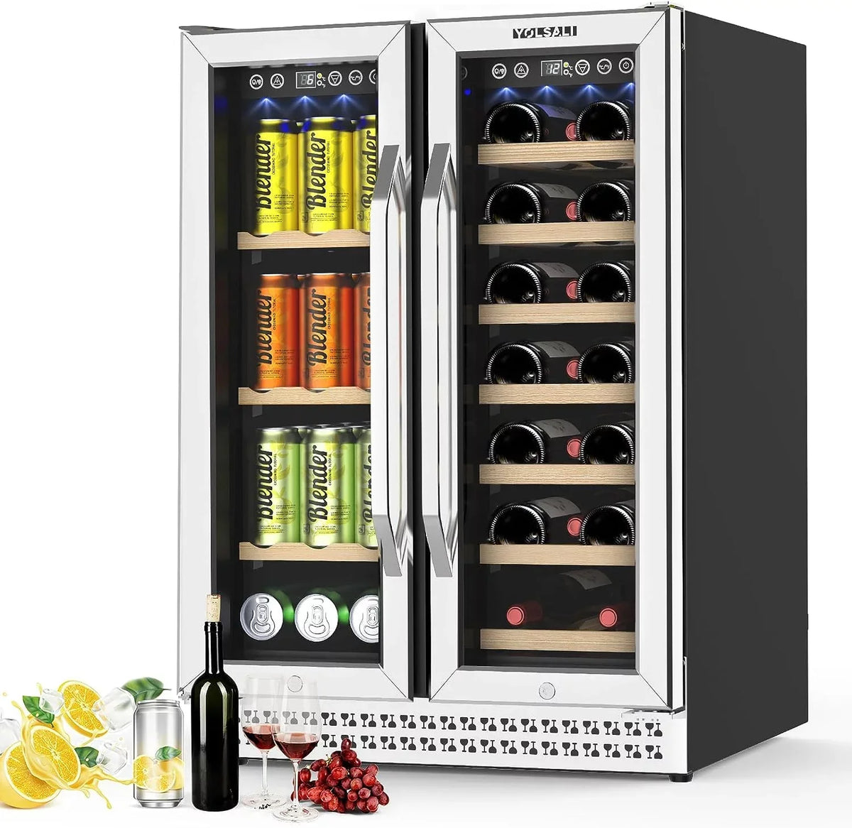 Yolsali 24 Inch Dual Zone Wine Cooler Beverage Refrigerator, 20 Bottles, 57 Cans, Silver