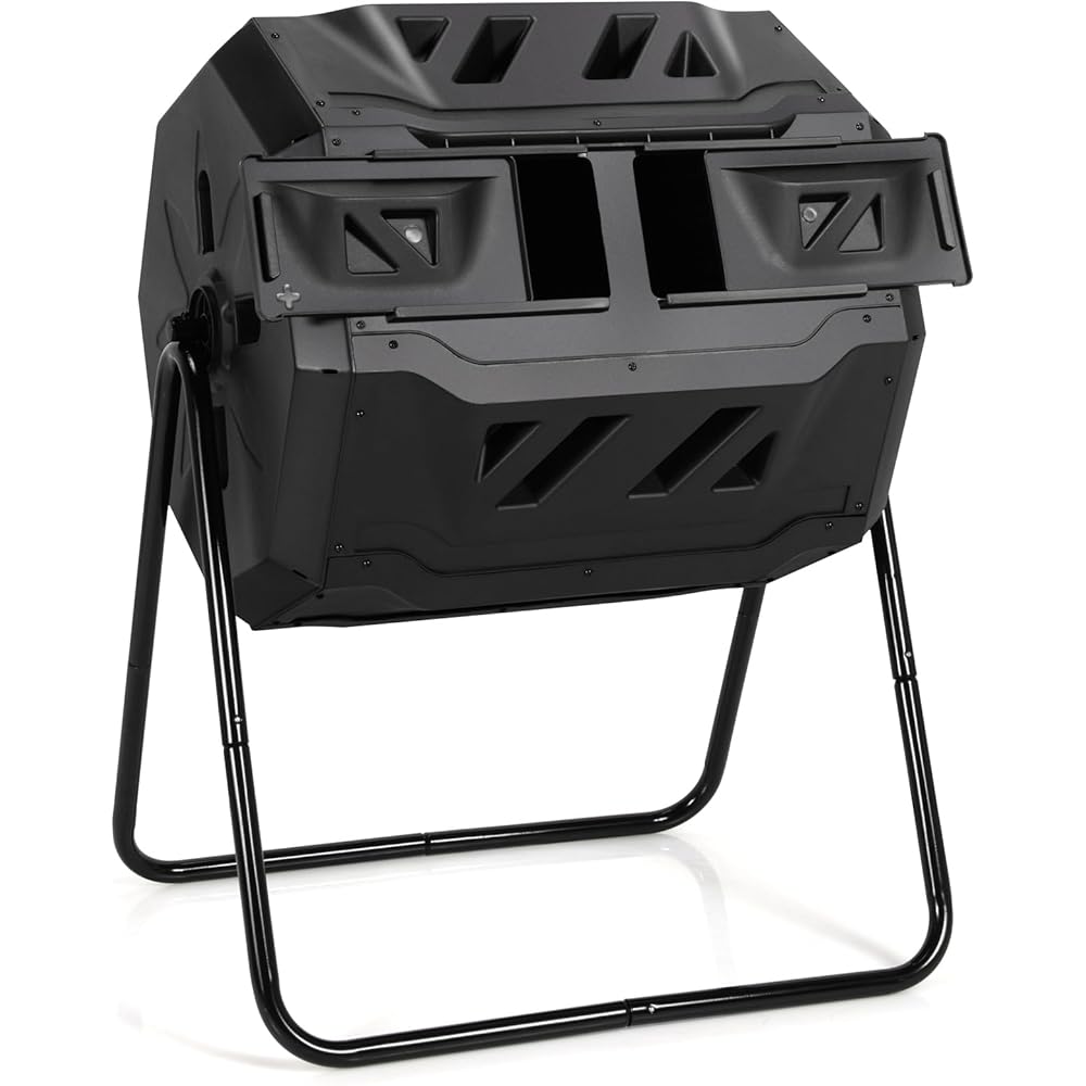 Goplus 43 Gallon Dual Chamber Tumbling Compost Bin, Black, 28 inch L x 25 inch W x 37 inch H