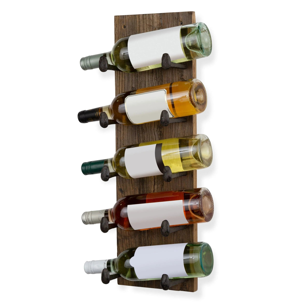 5 Bottle Wood Wall-Mounted Wine Rack, Walnut, 24in W - 10 Cast Iron Hooks