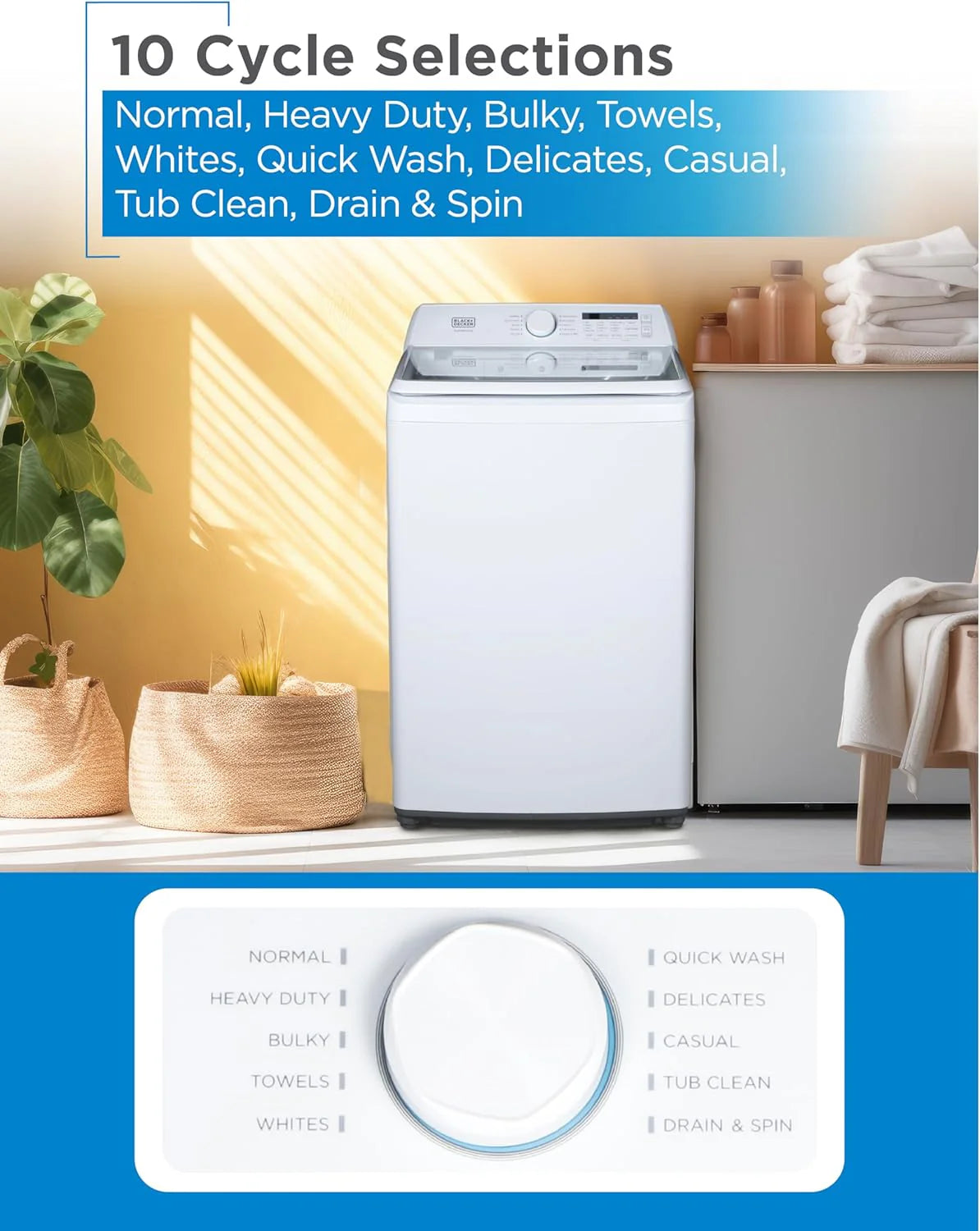 BLACK+DECKER Portable Washing Machine, 0.9 Cu. Ft., 5 Wash Cycles