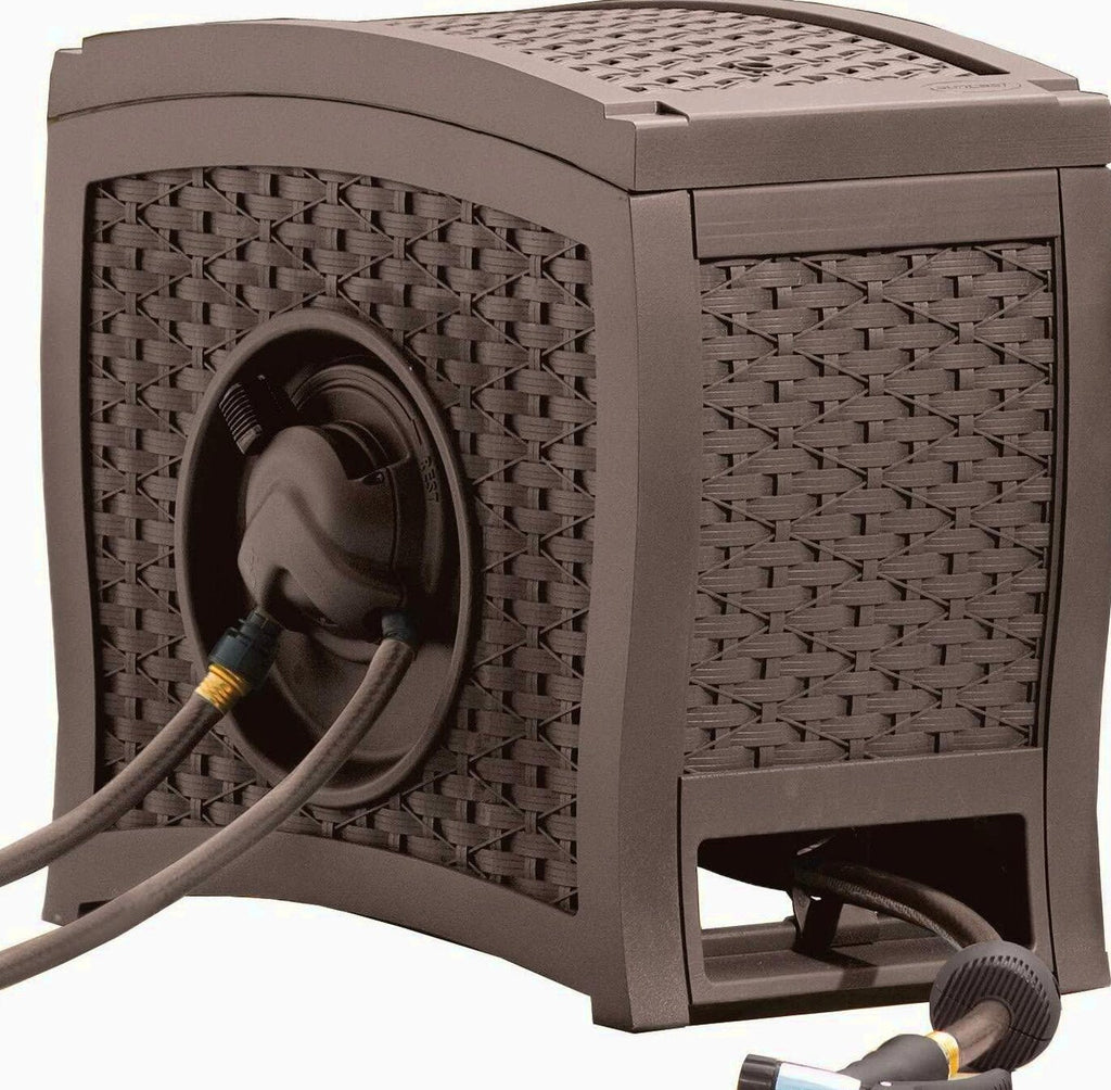 Suncast Aquawinder 125?? Wicker Garden Hose Reel ?C Lightweight Portable Hands ?C Free Water Powered Retractable Hose Reel ?C Java