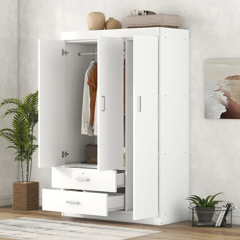 3-Door Wardrobe With 2 Drawers, Shelves And Hanging Rail