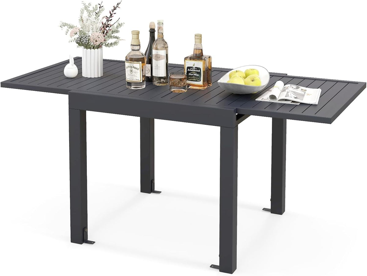 Extendable Outdoor Dining Table, Aluminum Frame, Dark Grey, Slatted Top - 80D x 160W x 75H Centimetres