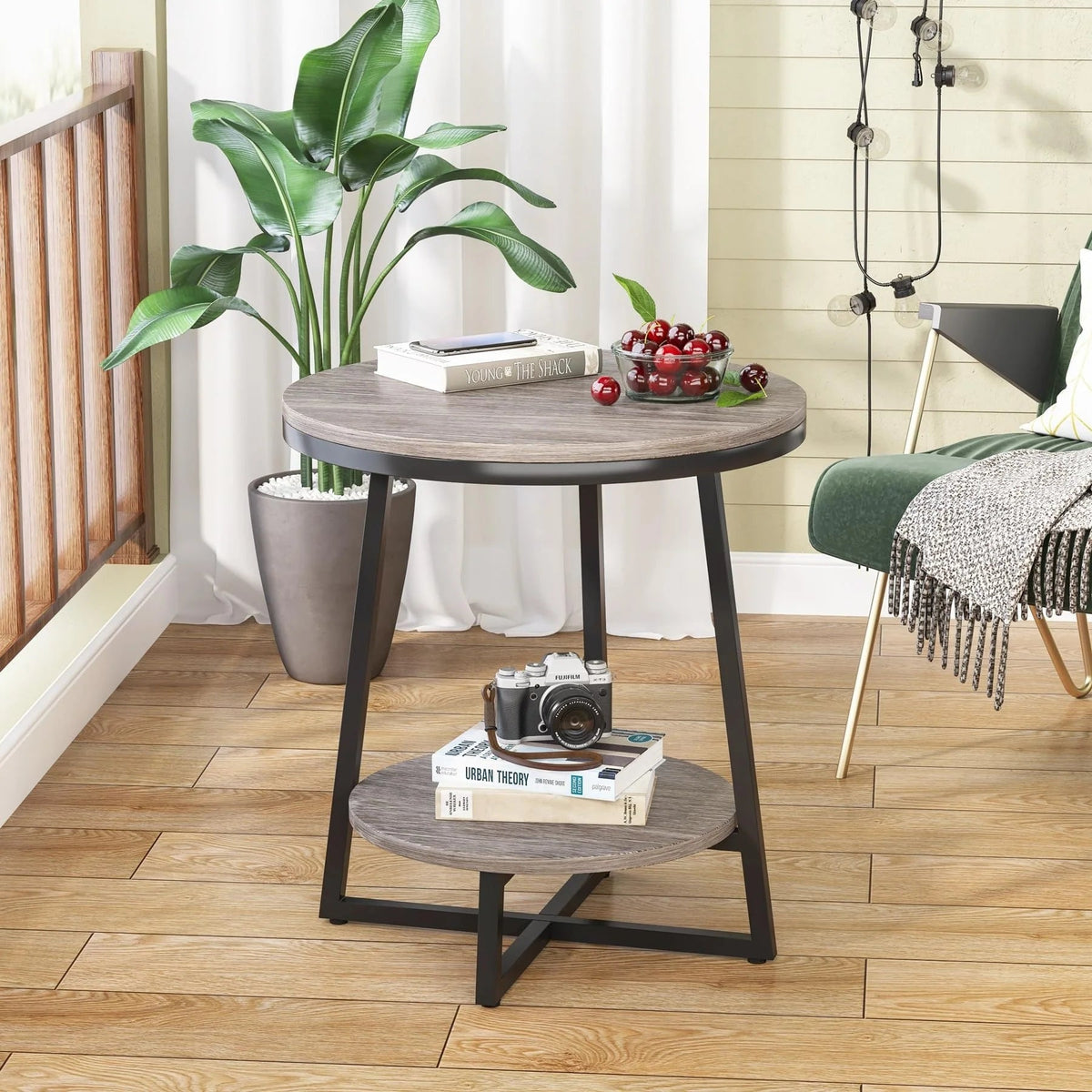 Industrial Round End Table With 2-Tier Storage