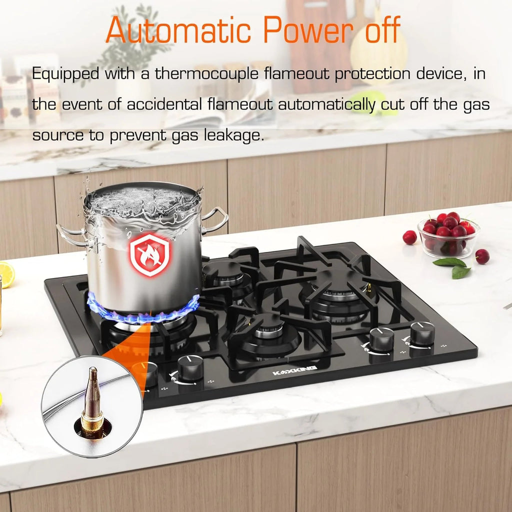 KOXKING 24 Inch Black Built-In Gas Cooktop, 4 Burner, Natural Gas & Propane