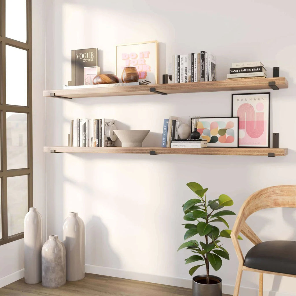 72 Inch Paulownia Wood Floating Wall Shelves, Set Of 2, Burnt - 72 Inch