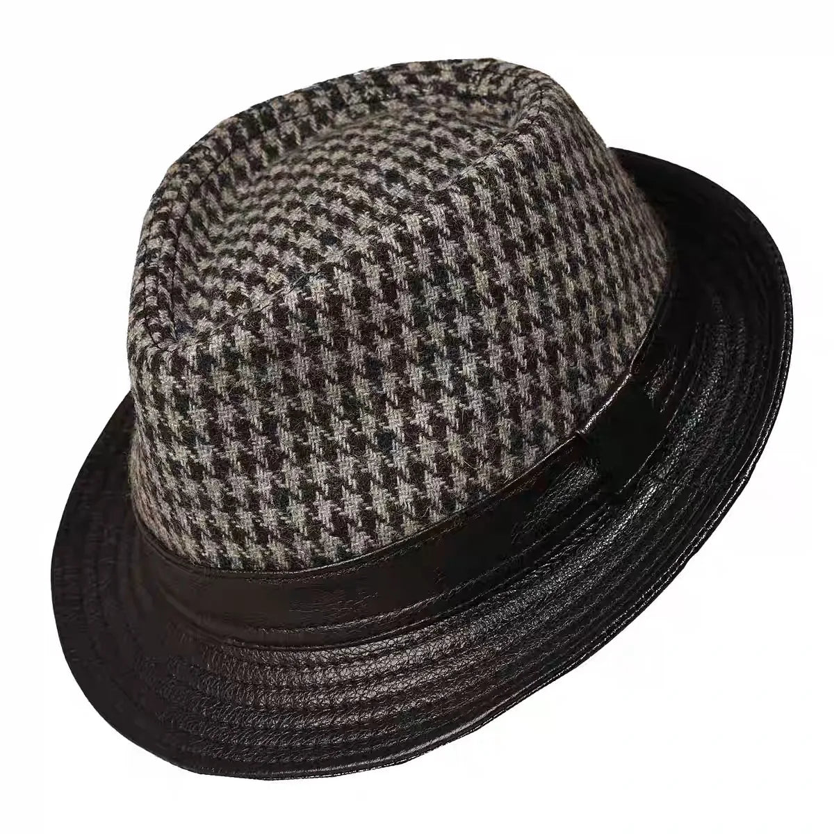 Salvatore Houndstooth Wool Genuine Leather Trilby Hat