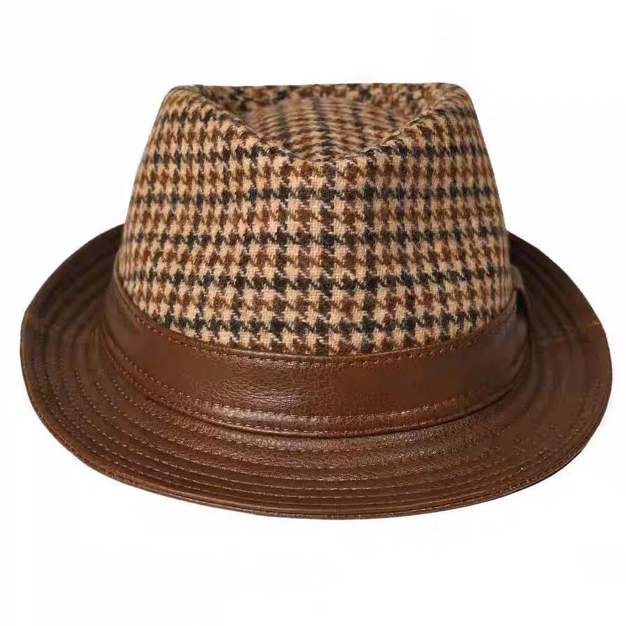 Salvatore Houndstooth Wool Genuine Leather Trilby Hat