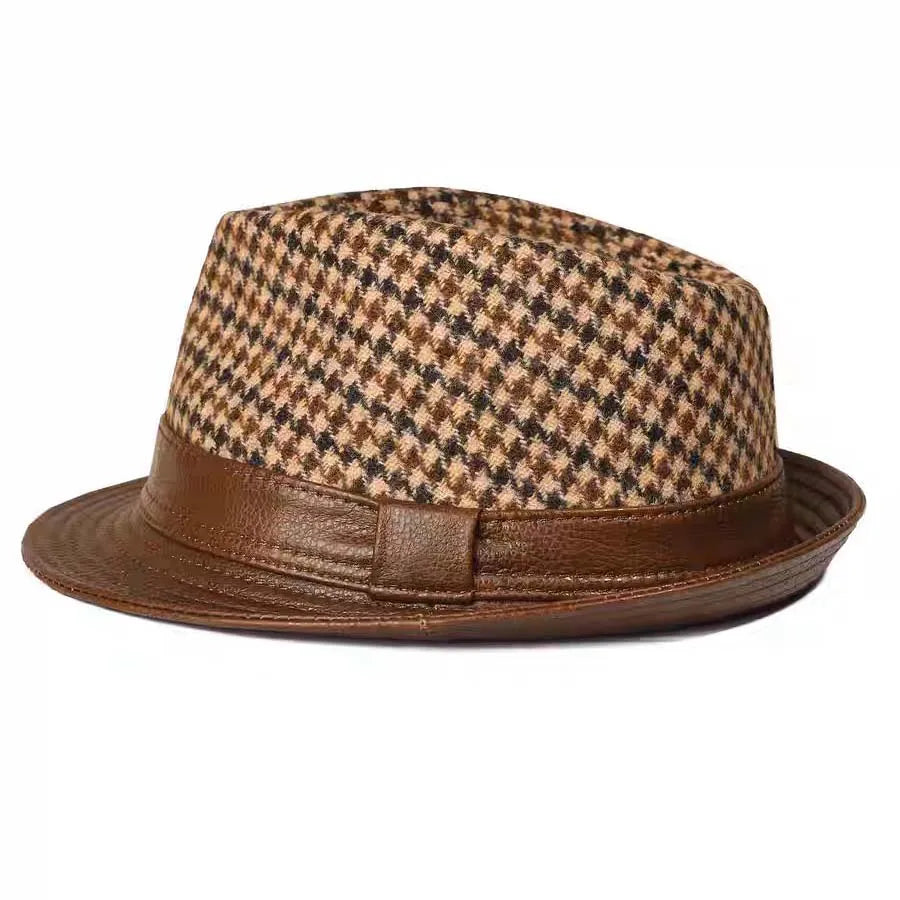Salvatore Houndstooth Wool Genuine Leather Trilby Hat