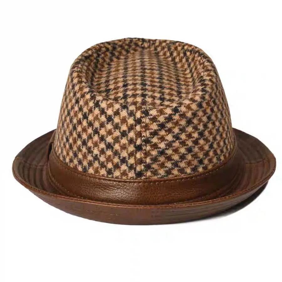 Salvatore Houndstooth Wool Genuine Leather Trilby Hat