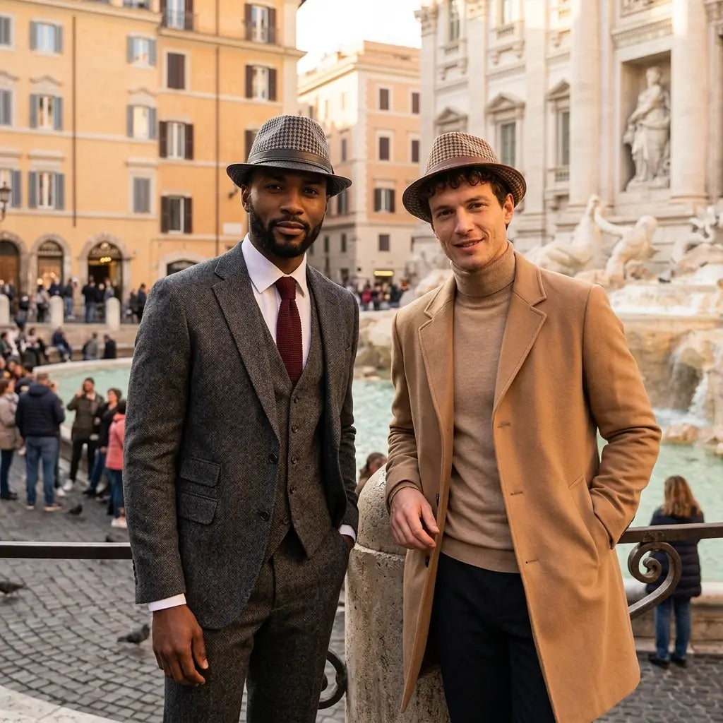 Salvatore Houndstooth Wool Genuine Leather Trilby Hat