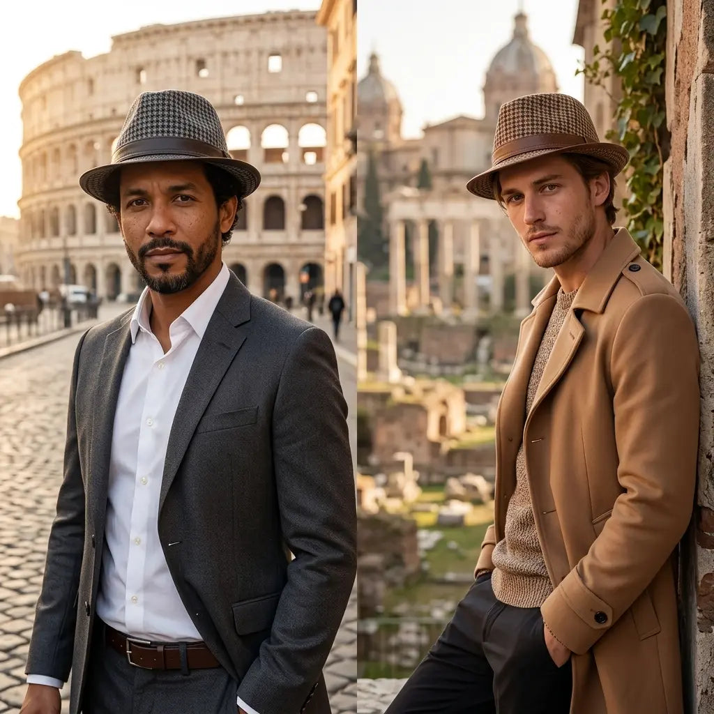 Salvatore Houndstooth Wool Genuine Leather Trilby Hat