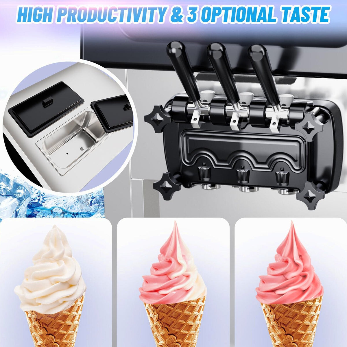 2200W Commercial Ice Cream Machine, 3 Flavor Soft Serve Ice Cream Machine, 5.3-7.4 Gal/Hr, with LCD Touch Screen, Automatic Cleaning, High Productivity for Home Snack Bar &amp; Restaurants