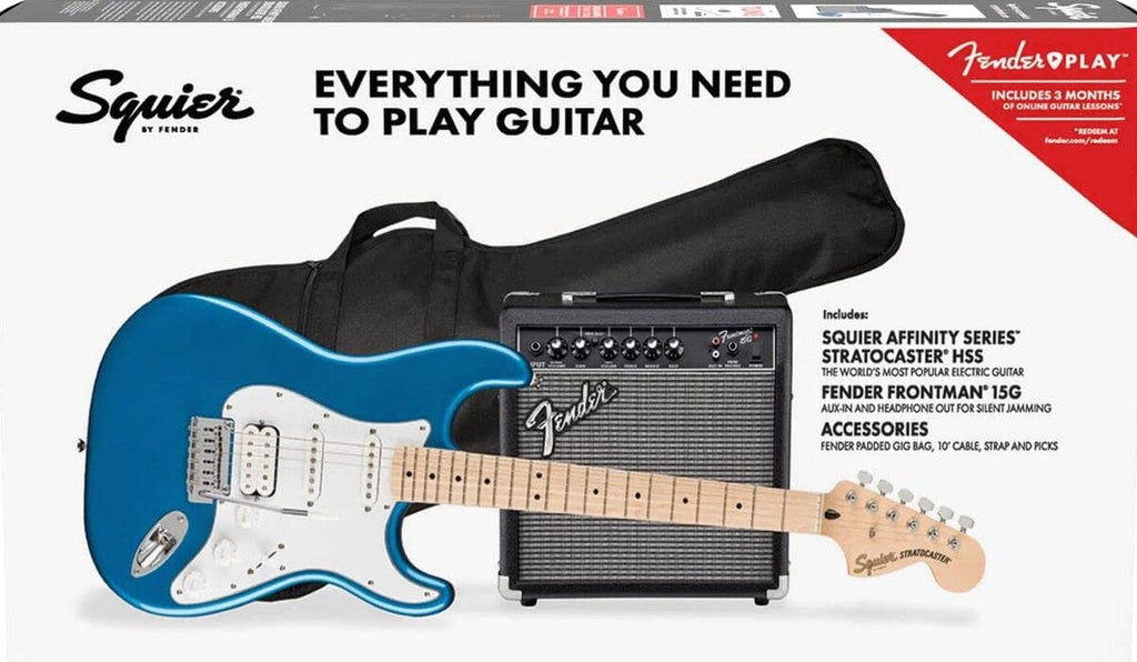 Squier by Fender Affinity Series Stratocaster Pack, HSS, Maple Fingerboard, Lake Placid Blue