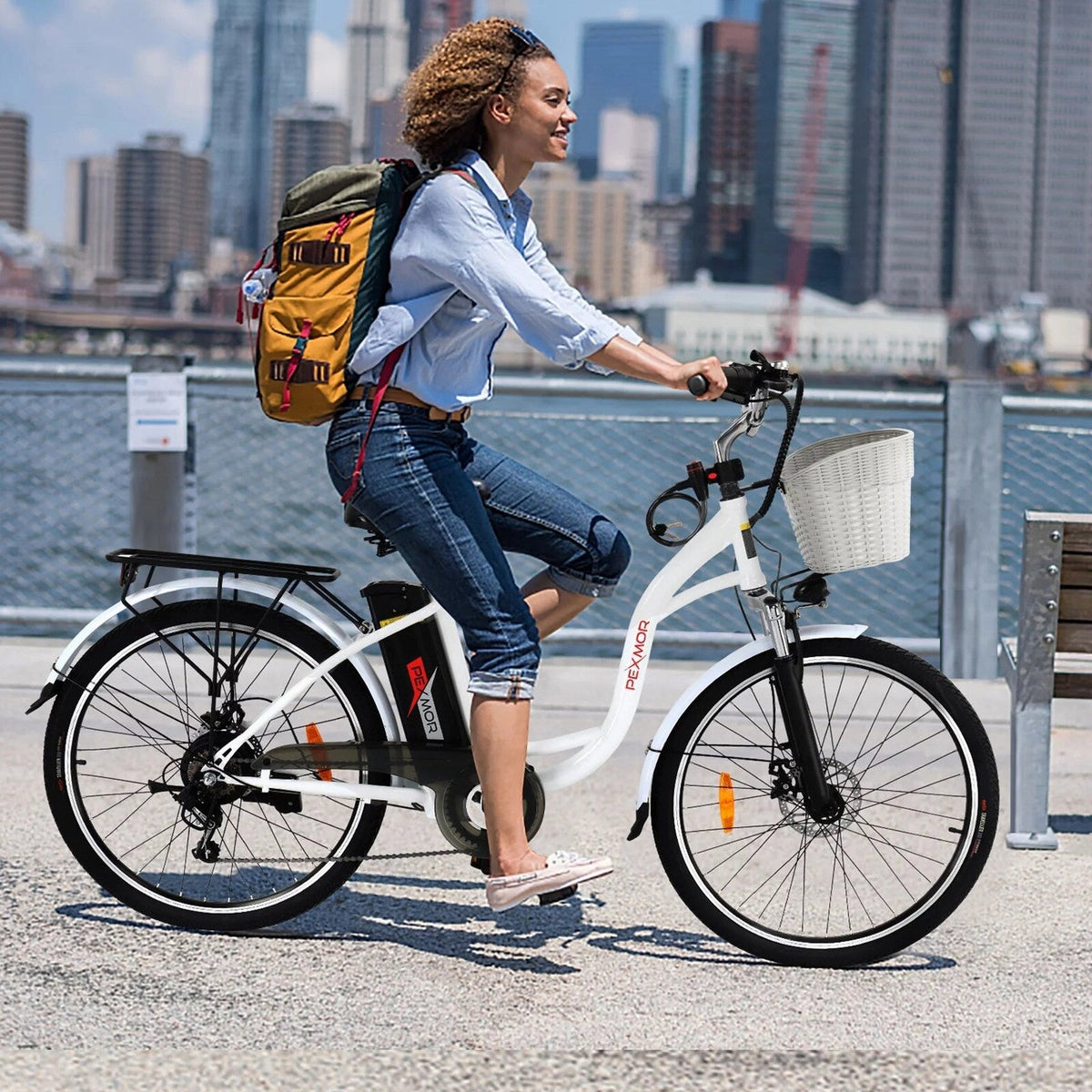 PEXMOR Electric Bike for Adults 350W (Peak 500W) City Commuter Ebike 36V 12.5AH Removable Battery 26" Cruiser Electric Bicycle Shimano 6-Speed | Dual Shock Absorber | Basket