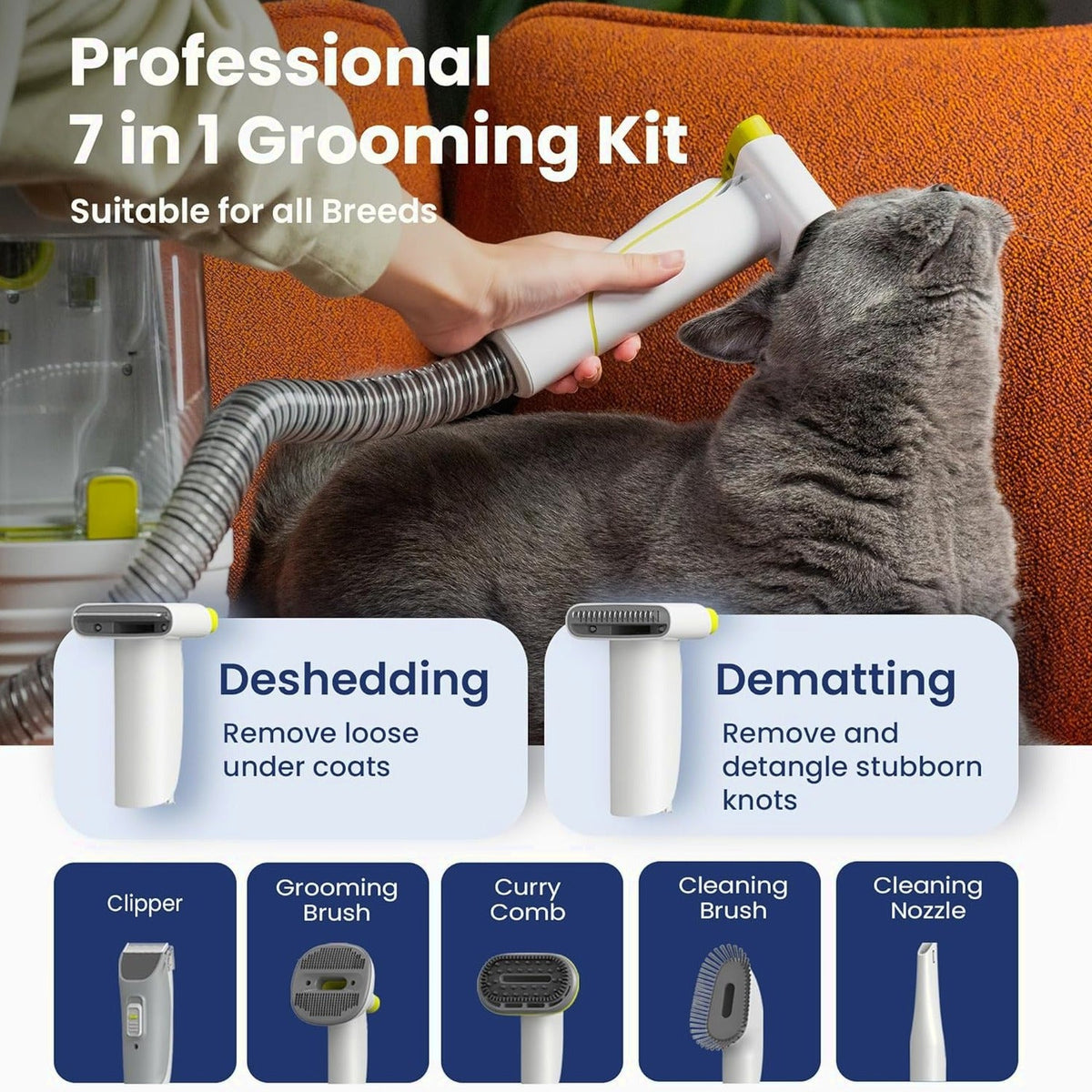 Professional Pet Grooming Vacuum Kit, Dogs &amp; Cats, Direct Handheld Control, 7 Grooming Tools, 6 Suction Levels, Large 2.2L Dust Bin, UL, HEPA Filter
