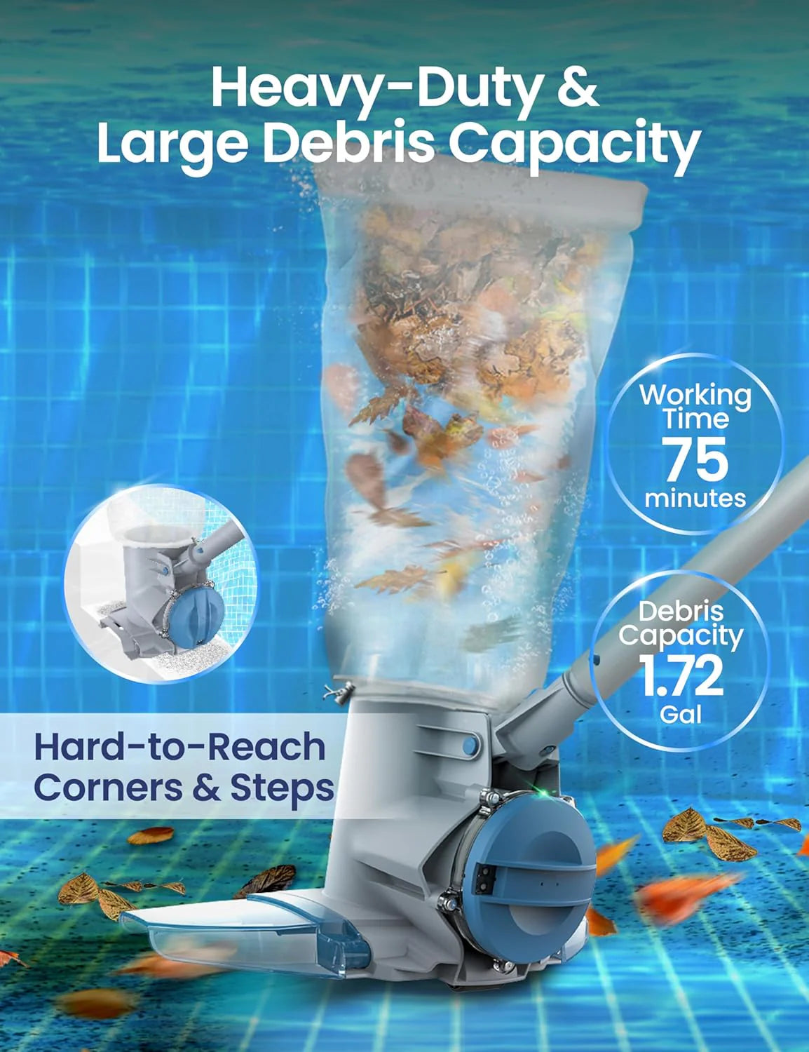 Kokido Cordless Pool Leaf Vacuum, 30 GPM, 75 Min Runtime, Grey & Blue - XV410