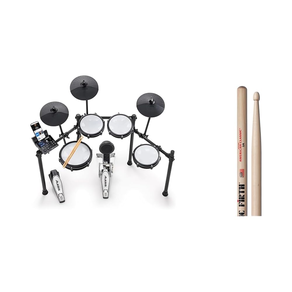Alesis 8-Piece Electric Drum Set With 10in Dual-Zone Snare, Bluetooth, 440+ Sounds And Vic Firth American Classic 5A Sticks - Nitro Max Kit