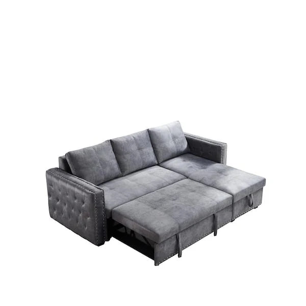 Reversible Gray Velvet Sleeper Sectional Sofa, 90.5 in, 3 Seat, L-Shape With Storage