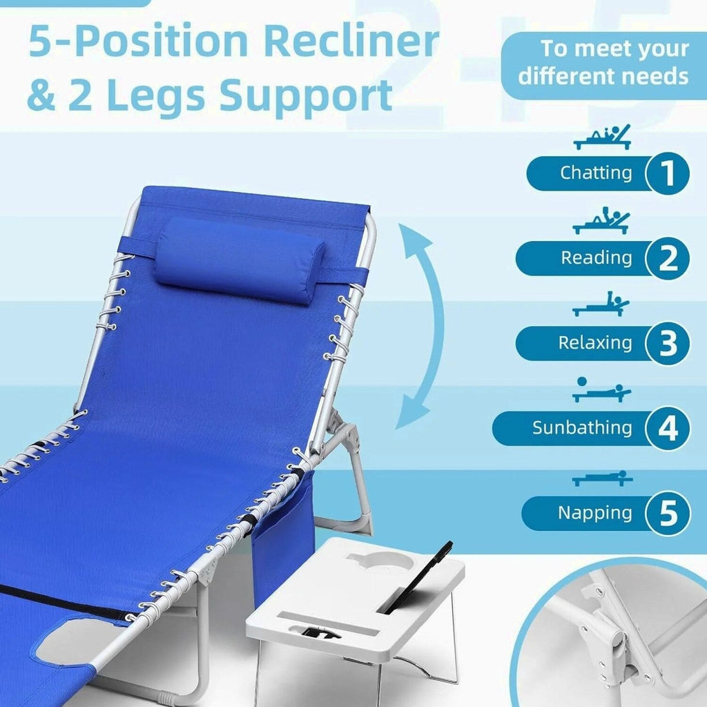 3-in-1 Outdoor Sun Tanning Lounge Chair with Face Hole 5-Position Recliner, Folding Side Table &amp; Removable Pillow, 330lbs Capacity, Blue