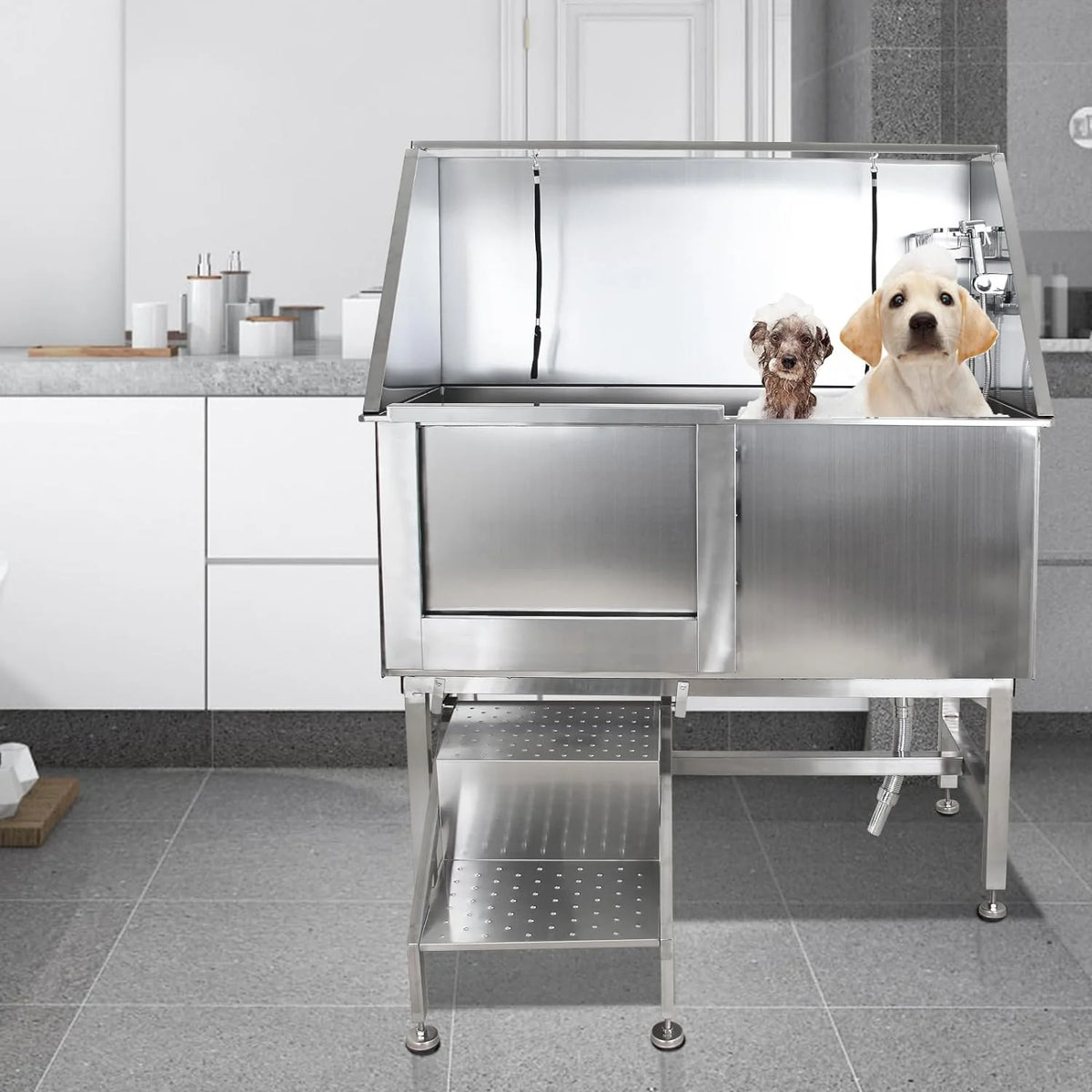 Cuisinaid Dog Grooming Tub, 50 in Stainless Steel With Ramp, Faucet, Sprayer, Drain Kit, Right Door