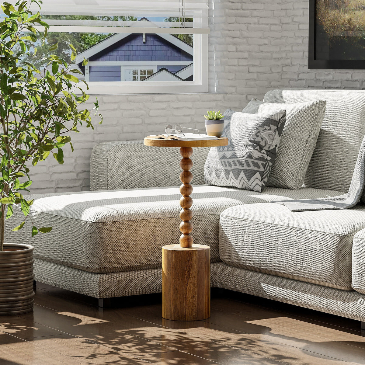 Wood Round Pedestal End Table With MDF Top And Solid Fir Wood Base