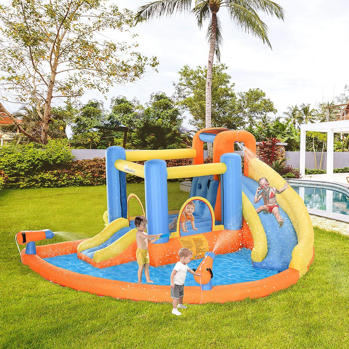 Outsunny 5-in-1 Inflatable Water Slide Bounce House, Orange Blue Yellow, 450W Air Blower