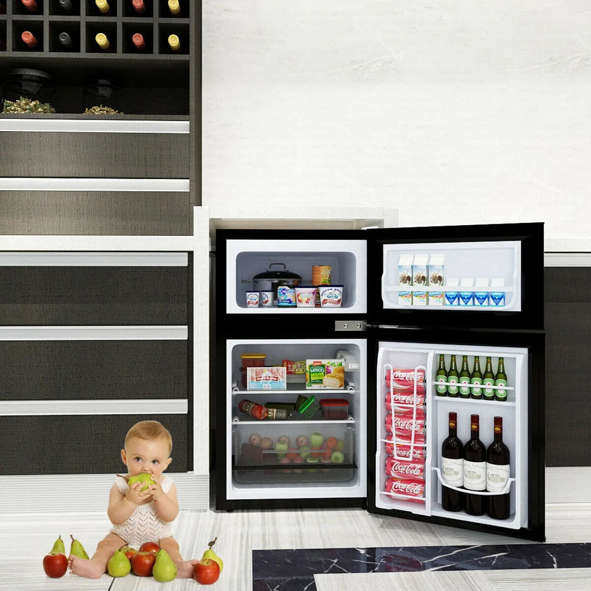 Costway Compact Refrigerator With Internal Freezer, Grey, 3.2 Cu. Ft.