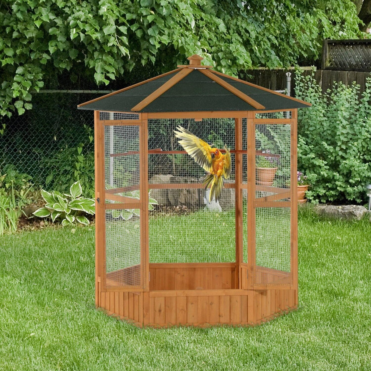 Large Wooden Hexagonal Outdoor Aviary Flight Bird Cage with Covered Roof