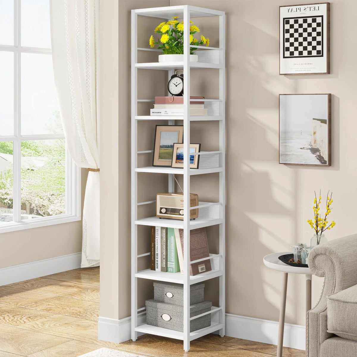 75 Inch Tall Narrow Corner Shelf, 6-Tier Etagere Storage Rack, 13.4 Inch W x 13.3 Inch D x 74.8 Inch H