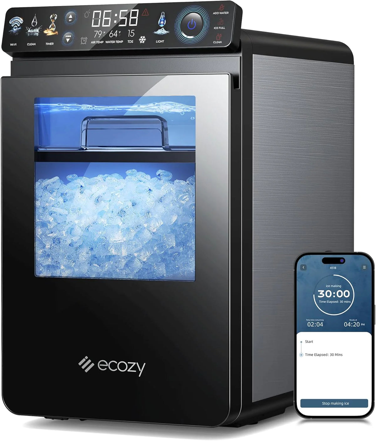 ecozy Countertop Nugget Ice Maker, 44 lbs/24H, Stainless Steel, Silver