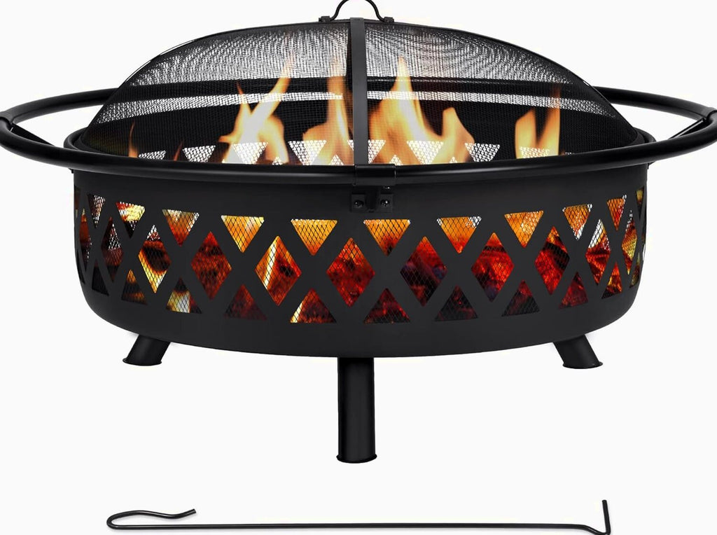 SUNCREAT 42” Patio Fire Pit Wood Burning with Mesh Spark Screen, Bonfire Outdoor firepit with Fireplace Poker, Black