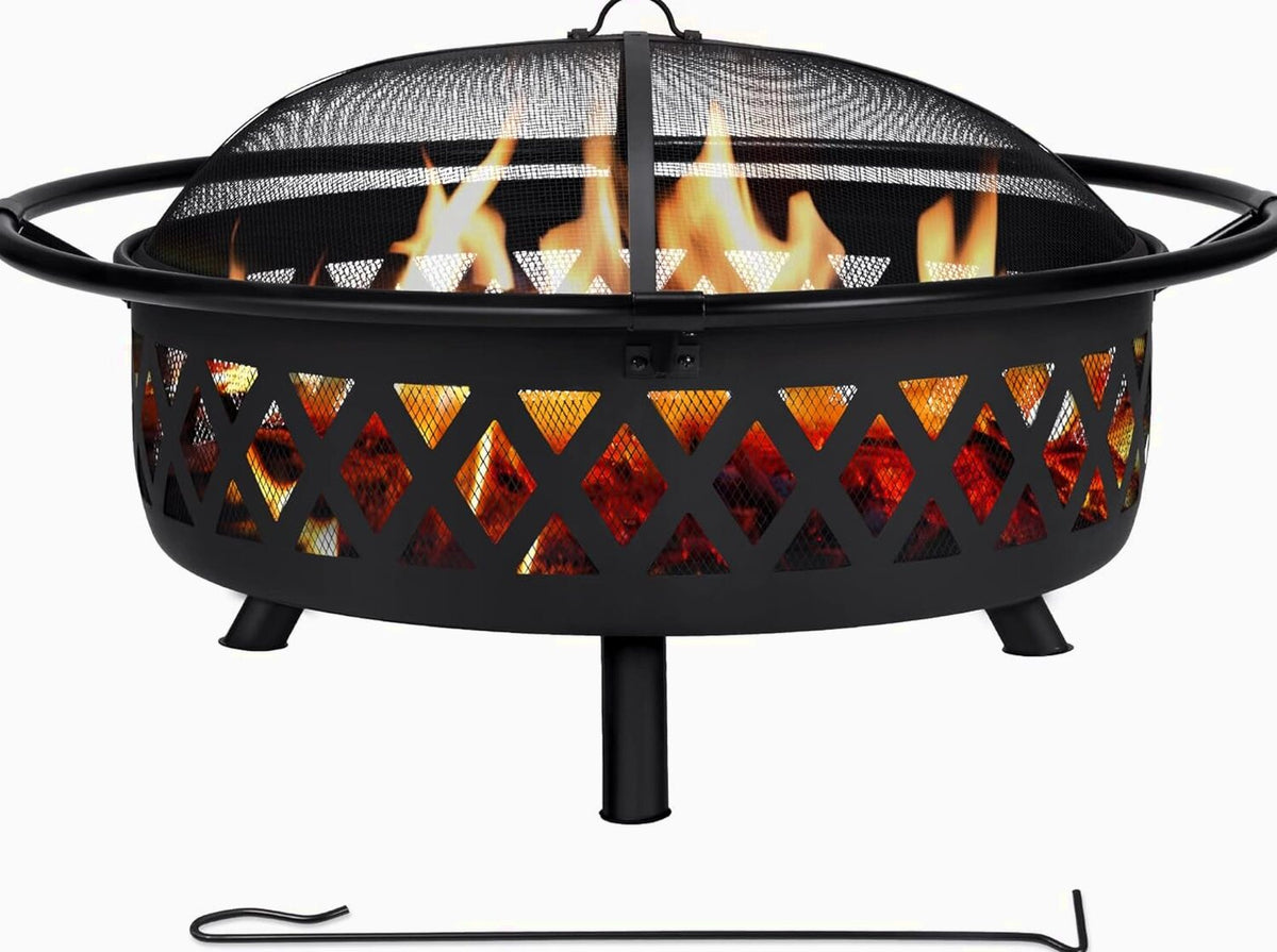 SUNCREAT 42” Patio Fire Pit Wood Burning with Mesh Spark Screen, Bonfire Outdoor firepit with Fireplace Poker, Black
