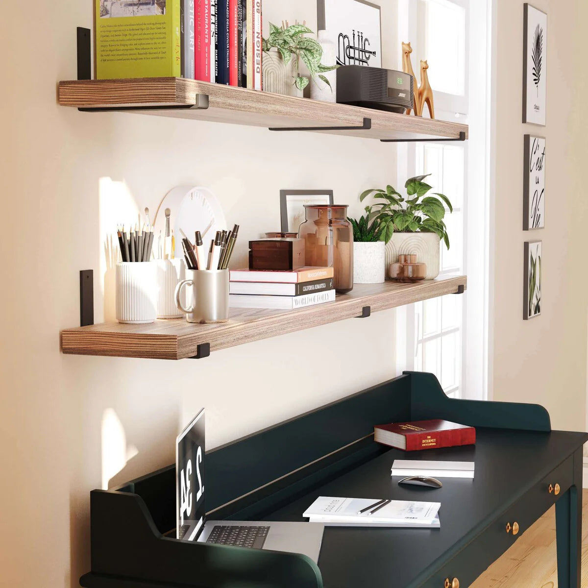 72 Inch Paulownia Wood Floating Wall Shelves, Set Of 2, Burnt - 72 Inch