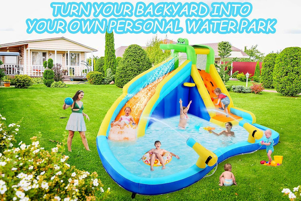 Inflatable Water Slides for Kids 8-in-1 Bounce House Water Park with 450W Blower Climbing Wall, Splash Pool, 2 Water Cannons, Basketball Hoop, Water Slide, Crocodile Sprinkler for Gift Backyard Party