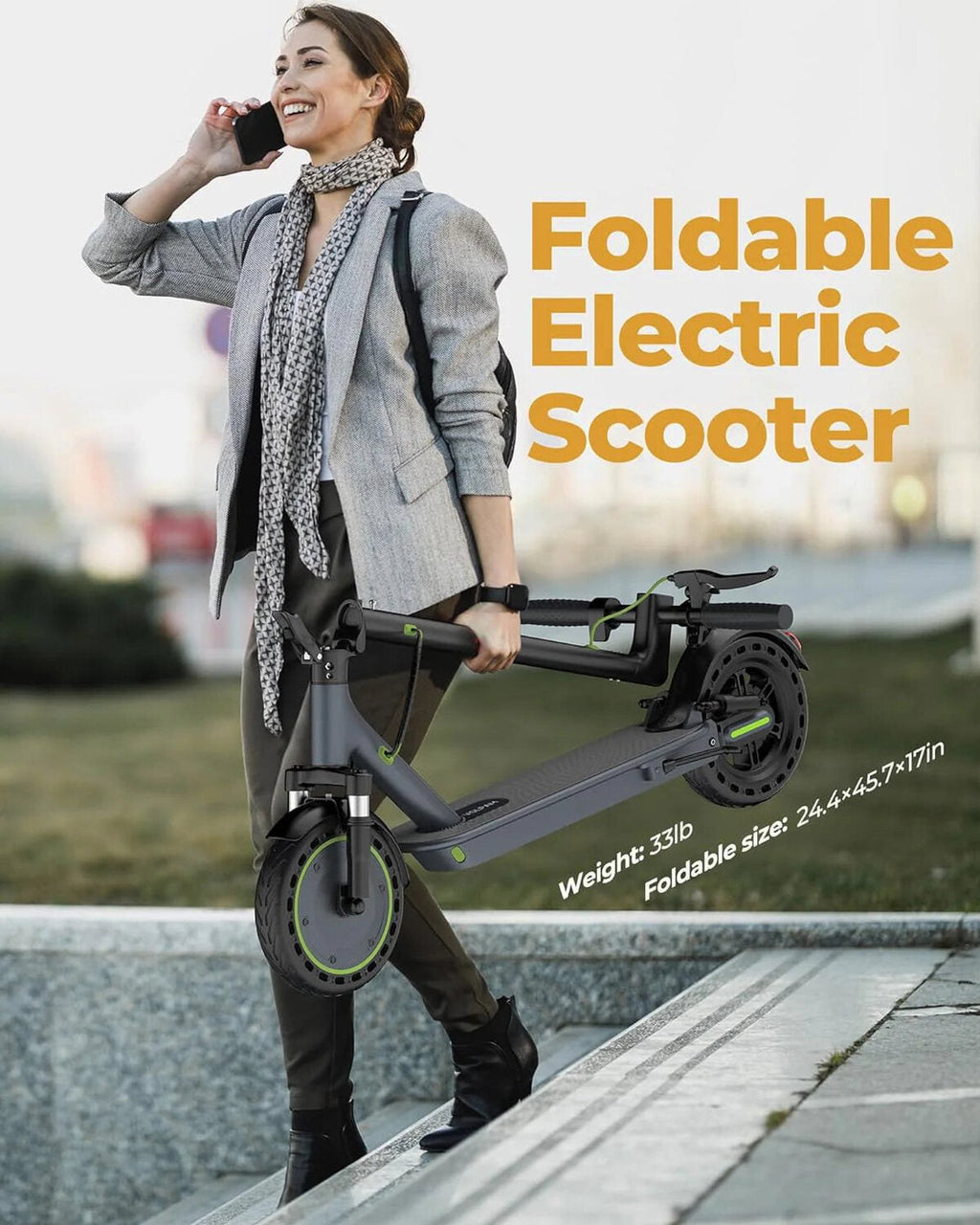 Electric Scooter - 8.5" Solid Tires, 350W Motor, Up to 19 MPH and 21-23 Miles Long-Range Portable Foldable Commuting Scooter for Adults with Double Braking System and App