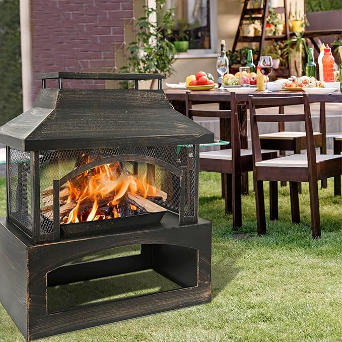Outdoor Wood-Burning Metal Fireplace Fire Pit With Log Grate And Poker, 37 x 32 x 18 in, Black