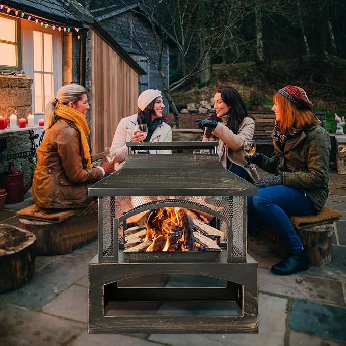 Outdoor Wood-Burning Metal Fireplace Fire Pit With Log Grate And Poker, 37 x 32 x 18 in, Black