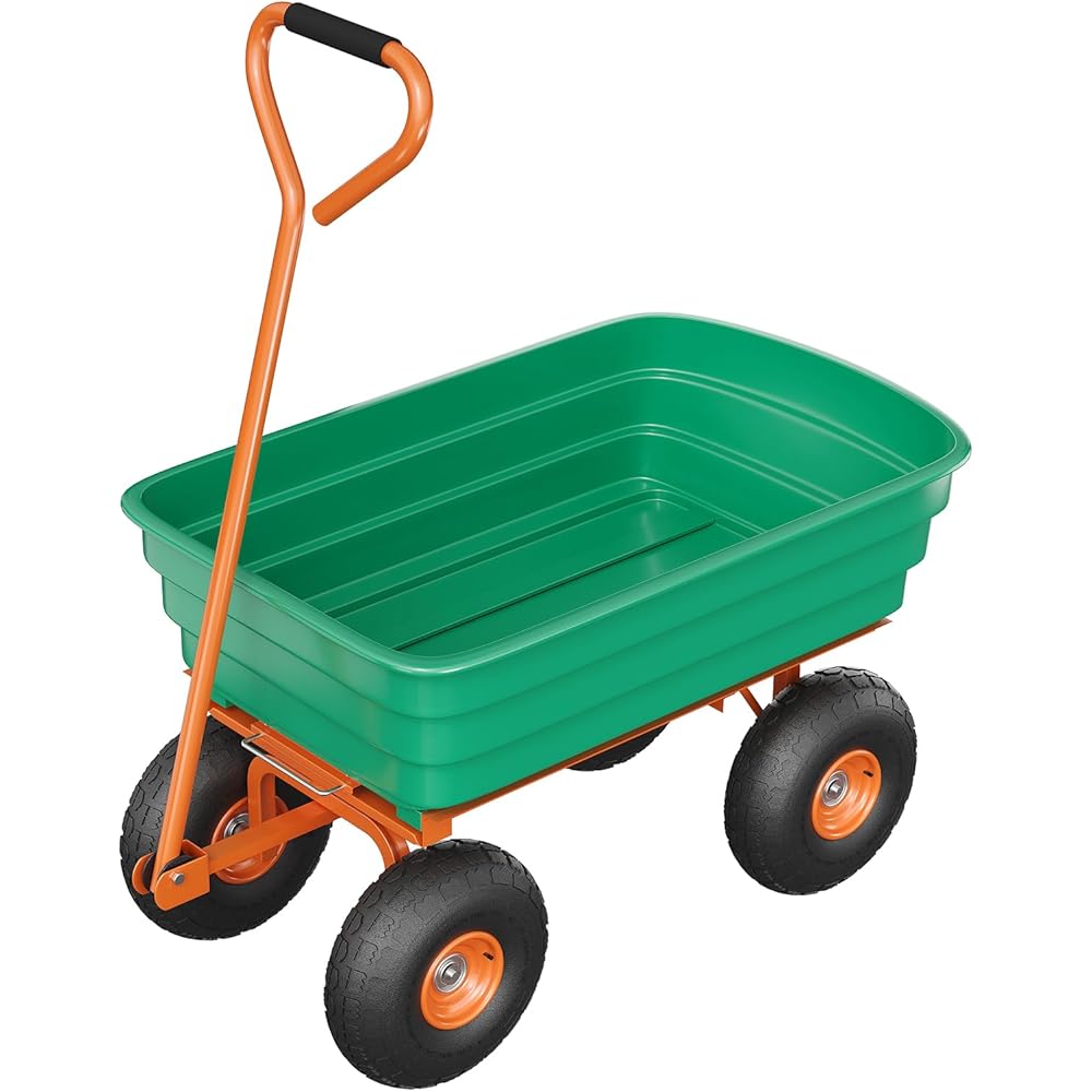 GarveeTech Garden Dump Cart, 600 Lb Capacity, 180 Degree Adjustable Handle - Green+Orange